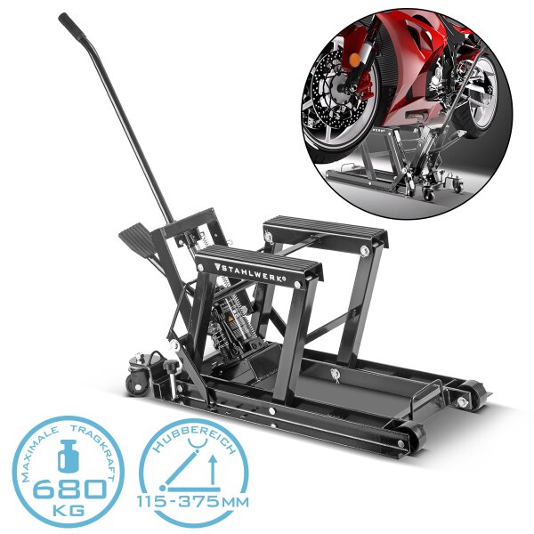 STAHLWERK Sollevatore per moto MLT-680 ST con capacità di carico di 680 kg e campo di sollevamento di 115-375 mm Martinetto idraulico per moto | sollevatore per moto | cavalletto di montaggio per moto