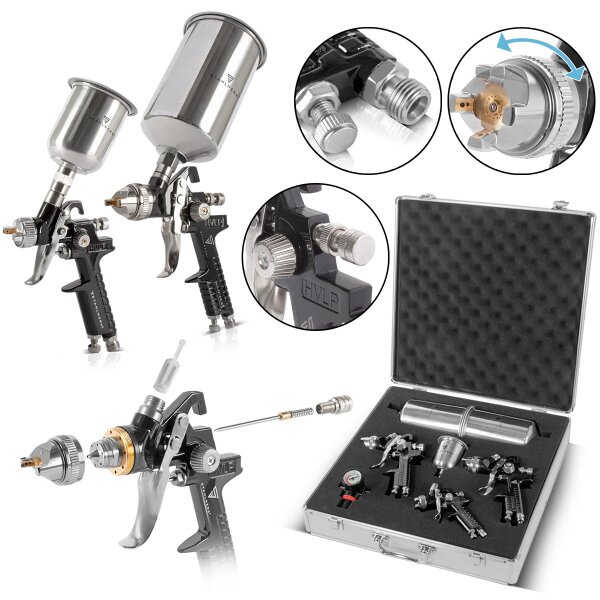 Set di pistole a spruzzo HVLP STAHLWERK SGS-1125 ST 21 pezzi con 3 pistole ad aria compressa, set di ugelli da 0,8 / 1,4 / 1,7 mm, 3 tazze di flusso, regolatore di pressione dellaria, valigetta in alluminio e molto altro Set di verniciatura professionale