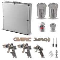 Set di pistole a spruzzo HVLP STAHLWERK SGS-1125 ST 21 pezzi con 3 pistole ad aria compressa, set di ugelli da 0,8 / 1,4 / 1,7 mm, 3 tazze di flusso, regolatore di pressione dellaria, valigetta in alluminio e molto altro Set di verniciatura professionale