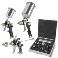 Set di pistole a spruzzo HVLP STAHLWERK SGS-1125 ST 21 pezzi con 3 pistole ad aria compressa, set di ugelli da 0,8 / 1,4 / 1,7 mm, 3 tazze di flusso, regolatore di pressione dellaria, valigetta in alluminio e molto altro Set di verniciatura professionale