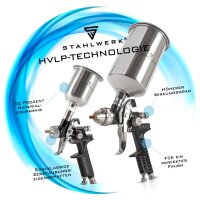 Set di pistole a spruzzo HVLP STAHLWERK SGS-1125 ST 21 pezzi con 3 pistole ad aria compressa, set di ugelli da 0,8 / 1,4 / 1,7 mm, 3 tazze di flusso, regolatore di pressione dellaria, valigetta in alluminio e molto altro Set di verniciatura professionale