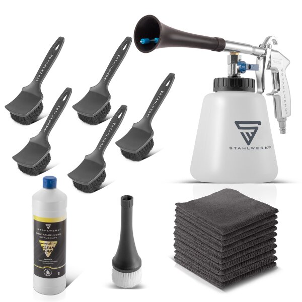 STAHLWERK professional compressed air cleaning gun RP-90 ST in a set with 1 liter universal cleaner, rim brushes and microfiber cloths, compressed air cleaner, interior cleaner