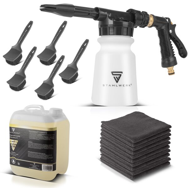 STAHLWERK RP-91 ST autowasschuimspuitpistool met afneembare container voor reinigingsmiddel in een set met 5 liter universele reiniger en velgenborstels