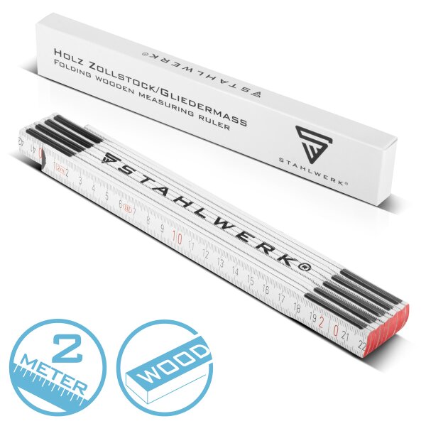 STAHLWERK Tommestok 2 meter præcis tommestok i træ | metermål | lineal | målebånd | tommestok med letlæselige metriske cifre