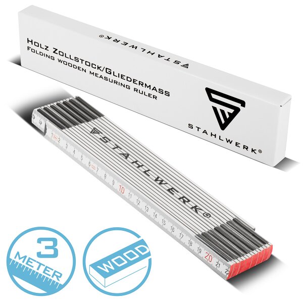 STAHLWERK Tommestok 3 meter præcis tommestok i træ | metermål | målebånd | tommestok med letlæselige metriske cifre