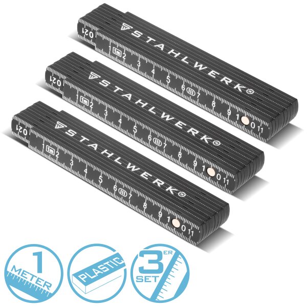 STAHLWERK Folding rule set of 3 1 meter precise plastic folding rule | folding rule | ruler | tape measure | meter rule with easy-to-read metric digits