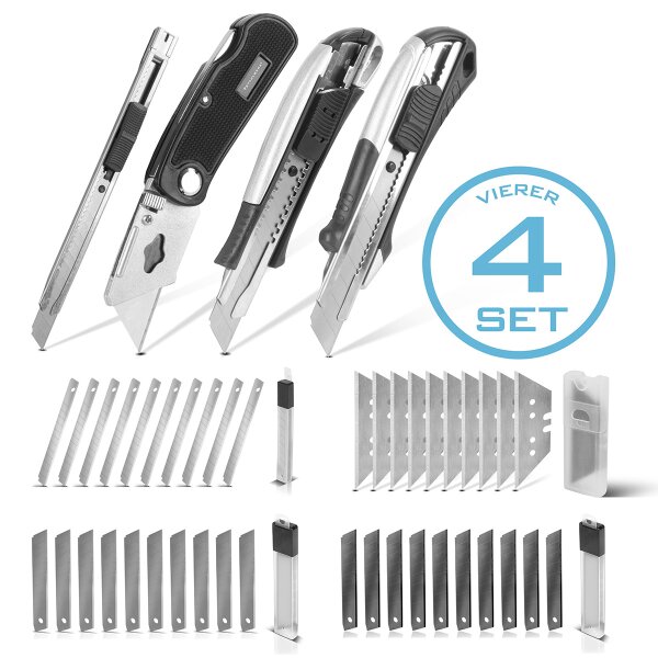 STAHLWERK Juego de 4 cuchillos con cuchillas de recambio Cuchillo profesional | cuchillo para alfombras | cuchillo de seguridad | cuchillo para paquetes | cúter para cajas