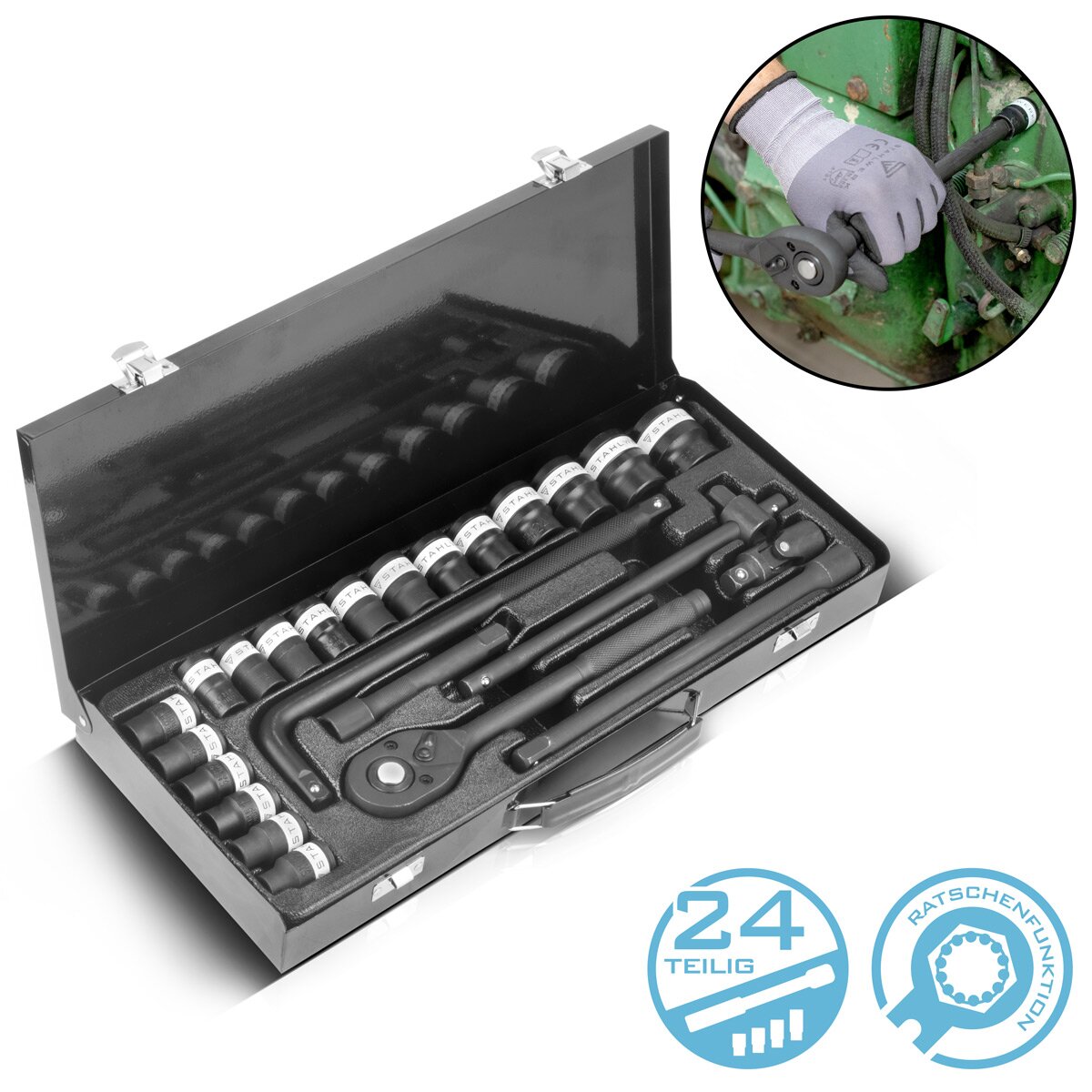 STAHLWERK Jeu de 24 clés à douilles Coffret de cliquets Jeu de douille, 18,99