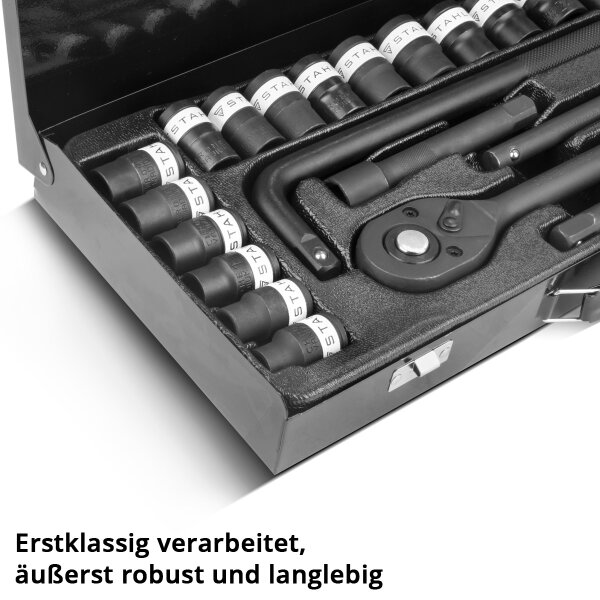 46-tlg Ratschenkasten 1/4 Zoll Chrom Vanadium Stahl KFZ 46-teiliger Steckschlüssel-Satz 1/4 Zoll – Mit Nüssen, Ratschen, Verlängerungen Knarrenkasten 1 Zoll