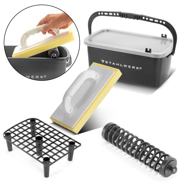 STAHLWERK Laatanpesusetti | 4-osainen laatanpesusetti | ammattimainen laatanpesusetti 12 litran ämpärillä | laattojen pesulauta | ritilänpesulauta | laattojen puhdistus | täydelliset laatat |