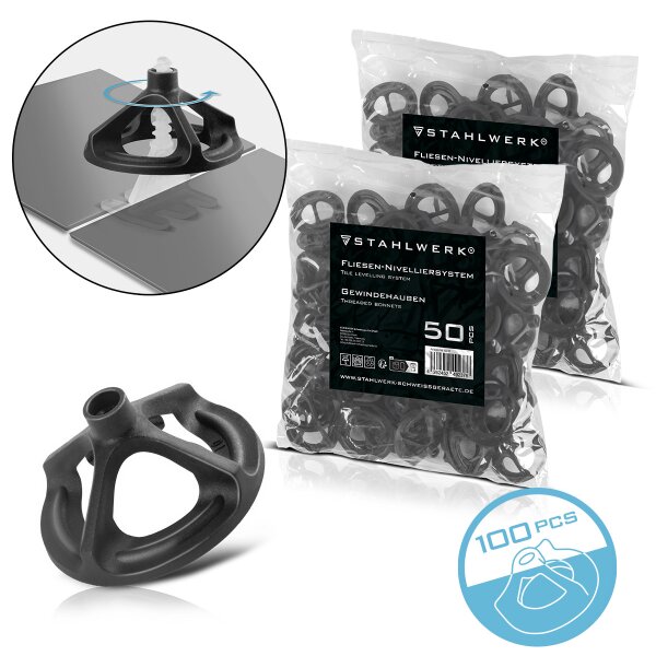 STAHLWERK-laattojen tasoitusjärjestelmä 100-osainen | Uudelleenkäytettävät kierteitetyt kupit tarkkaan laattojen asentamiseen | Asentamisen apuväline | Vetokielekkeille, joissa on kierteitetty kiinnitys| Ammattimainen tasoitusjärjestelmä | Ammattimainen t