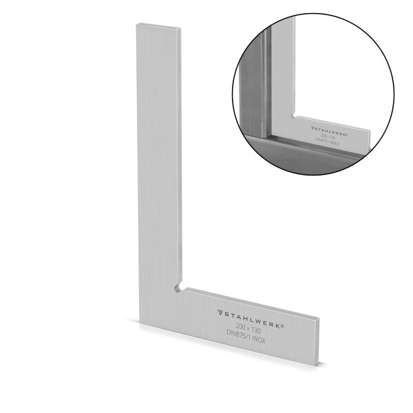 STAHLWERK Ángulo plano 90° 200 x 130 mm DIN 875/1 Ángulo de control / ángulo de instalador / ángulo de tope / ángulo de precisión de acero inoxidable