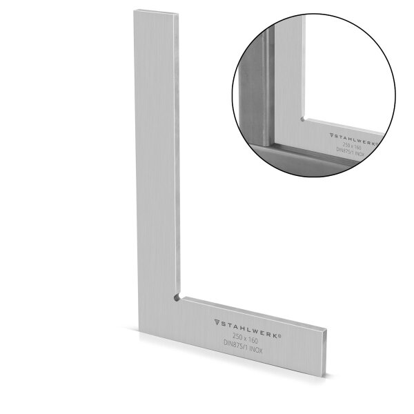 STAHLWERK Ángulo plano 90° 250 x 160 mm DIN 875/1 Ángulo de control / ángulo de instalador / ángulo de tope / ángulo de precisión de acero inoxidable