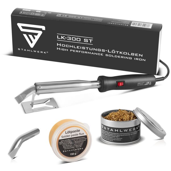 STAHLWERK Set di saldatori ad alte prestazioni  | pistola per saldare con 300 W di potenza | 500°C di temperatura di picco | con punta di saldatura di ricambio 115 x 18 mm