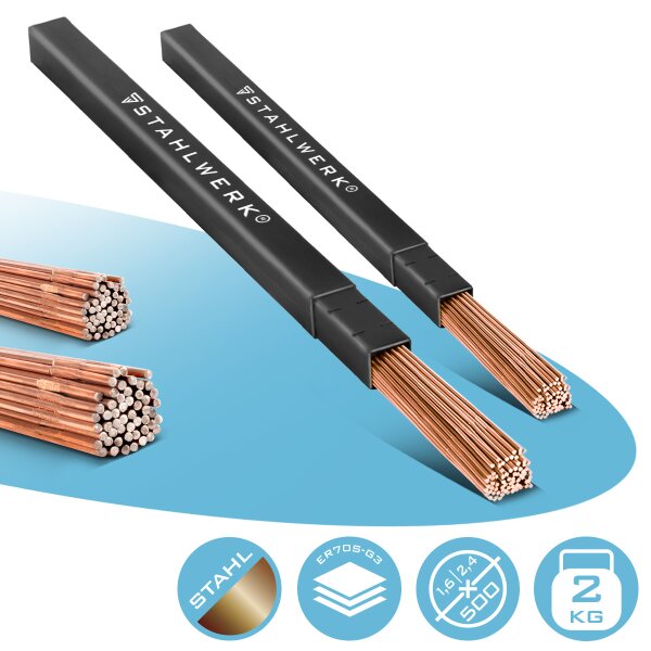 STAHLWERK TIG-svetsstavssats ER70S-G3 stål / Ø 1,6 och Ø 2,4 x 500 mm 2 kg inklusive förvaringslåda