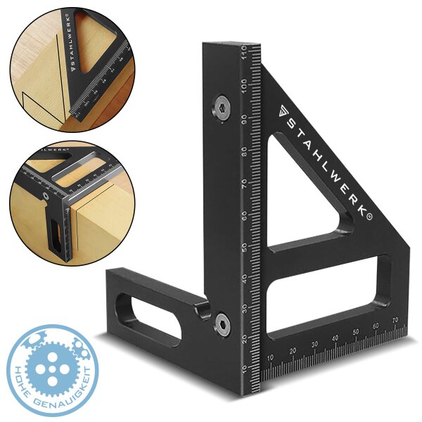 STAHLWERK Mitre angle with stop 3D angle | mitre triangle | carpenters angle | aluminum angle | mitre gauge | angle triangle | protractor for precise measuring, scribing, marking and drawing
