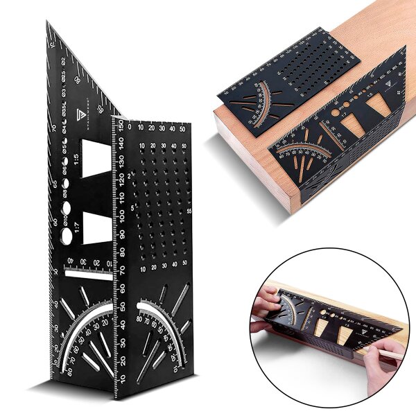STAHLWERK mitre angle ruler with stop and drilling jig 3D angle | carpenters angle | aluminum angle | mitre gauge | protractor for precise measuring, scribing, marking and drawing