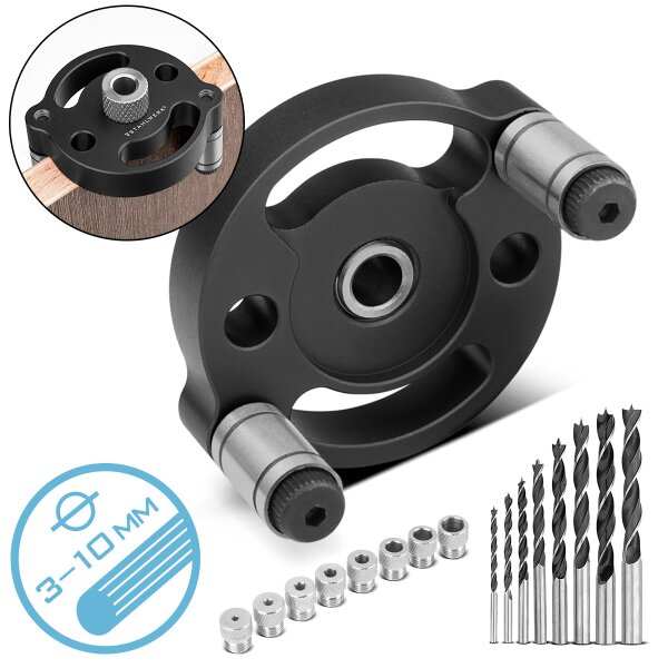 STAHLWERK Dowel jig set with drill bushes and drill bits 3 | 4 | 5 | 6 | 7 | 8 | 9 | 10 mm Self-centering dowel aid | dowel jig | drilling template | drilling guide | drilling aid | drilling jig for
