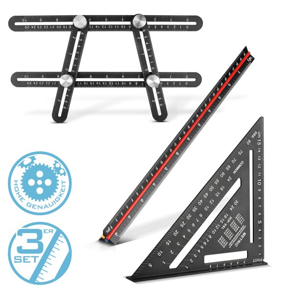 STAHLWERK Ruler set with multi-angle measuring ruler, triangular ruler and angle triangle with stop for precise measuring, scribing, marking and drawing