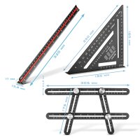 STAHLWERK Ruler set with multi-angle measuring ruler, triangular ruler and angle triangle with stop for precise measuring, scribing, marking and drawing