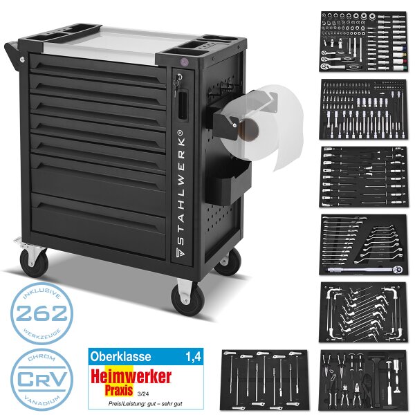 B-Ware: STAHLWERK Werkstattwagen PHOENIX bestückt mit 262 Premium-Werkzeugen aus Chrom-Vanadium abschließbarer Werkzeugwagen | Profi Montagewagen mit 7 Schubladen, Seitenauszug und gummierten Long-Life-Rollen