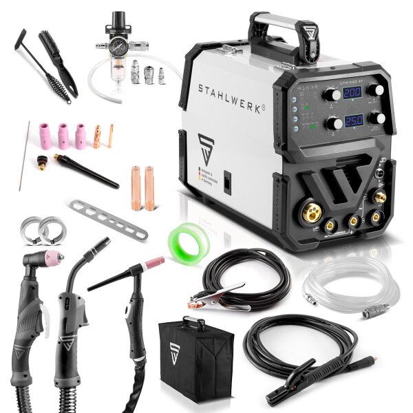 B-Ware: STAHLWERK CTM-250 ST WIG + MIG/MAG + MMA / E-Hand Kombi-Schweißgerät mit 200 Ampere und 50 Ampere Plasma-Funktion, viele Schweißparameter einstellbar, Dünnblech geeignet, FLUX Fülldraht geeignet, Kombigerät, bis 14 mm Schneidleistung