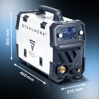 STAHLWERK MIG MAG 200 Puls Pro Soldadora digital de arco con protección de gas | Inversor IGBT con 200 A | Alimentación de hilo sinérgica | Accionamiento de 4 rodillos | Función de soldadura FLUX, Lift-TIG, MMA/ARC, CuSi | Pulso MIG para aluminio