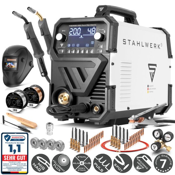 STAHLWERK MIG MAG 200 Spot Puls Pro Digital Vollausstattung Schutzgas-Schweißgerät | IGBT Inverter 200 A | Synergischer Drahtvorschub | 4-Rollen-Antrieb | FLUX, Lift-TIG, MMA, CuSi | MIG-Puls für Alu