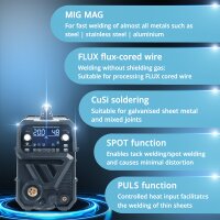 STAHLWERK MIG MAG 200 Spot Pulse Pro Digital Plně vybavená oblouková svářečka v ochranné atmosféře | IGBT invertor 200 A | Synergický posuv drátu | Pohon 4 válců | FLUX, Lift-TIG, MMA, CuSi | MIG puls pro hliník