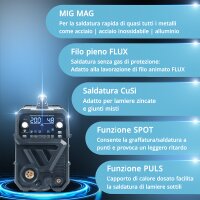 STAHLWERK MIG MAG 200 Spot Pulse Pro Digital Saldatrice ad arco schermata a gas completamente equipaggiata | IGBT Inverter 200 A | Avanzamento filo sinergico | Azionamento a 4 rulli | FLUX, Lift-TIG, MMA, CuSi | MIG pulse per alluminio