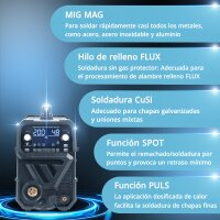 STAHLWERK MIG MAG 200 Spot Pulse Pro Digital Soldadora de arco con gas de protección totalmente equipada | IGBT Inverter 200 A | Alimentación de hilo sinérgica | Accionamiento de 4 rodillos | FLUX, Lift-TIG, MMA, CuSi | MIG pulsado para aluminio