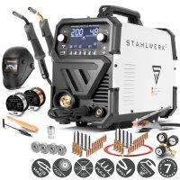 STAHLWERK MIG MAG 200 Spot Puls Pro Digital Poste à souder sous protection gazeuse entièrement équipé | Inverter IGBT 200 A | Dévidoir de fil synergique | Entraînement à 4 galets | FLUX, Lift-TIG, MMA, CuSi | MIG pulsé pour laluminium