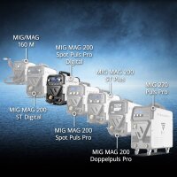 STAHLWERK MIG MAG 200 Spot Puls Pro Digital Poste à souder sous protection gazeuse entièrement équipé | Inverter IGBT 200 A | Dévidoir de fil synergique | Entraînement à 4 galets | FLUX, Lift-TIG, MMA, CuSi | MIG pulsé pour laluminium