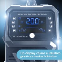 STAHLWERK Saldatrice ad arco schermato AC/DC TIG 200 Puls Pro Digital | IGBT Inverter con 200 ampere, funzione ARC/MMA, memoria lavori, funzione impulsi e spot, adatta per alluminio e lamiere sottili