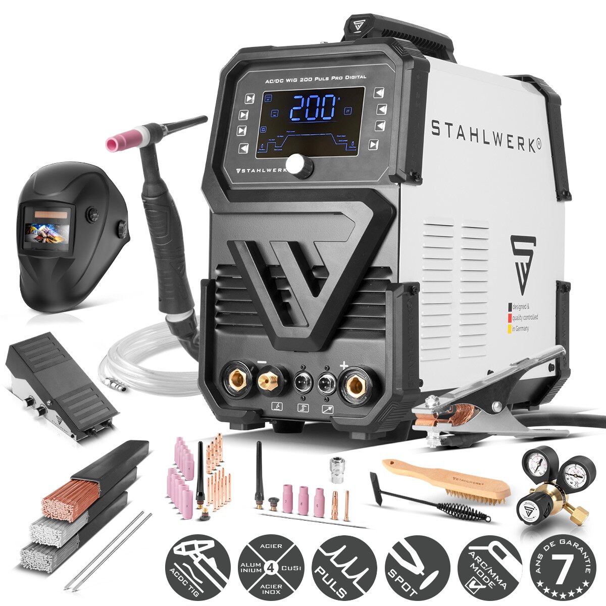STAHLWERK Torche TIG WP-26 8m 200A - Refroidie Au Gaz, Flexible, Poignée Ergonomique