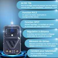 STAHLWERK Poste de soudage sous protection gazeuse AC/DC TIG 200 Puls Pro Digital Equipement complet IGBT Inverter avec 200 ampères, fonction ARC/MMA, mémoire de jobs, fonction pulse et spot, convient
