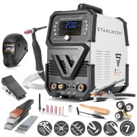 STAHLWERK Poste de soudage sous protection gazeuse AC/DC TIG 200 Puls Pro Digital Equipement complet IGBT Inverter avec 200 ampères, fonction ARC/MMA, mémoire de jobs, fonction pulse et spot, convient