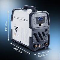 STAHLWERK AC/DC TIG 200 Puls Pro Inverter digitale IGBT completamente equipaggiato con 200 ampere, funzione ARC/MMA, memoria lavori, funzione impulsi e spot, adatto per alluminio e lamiere sottili.