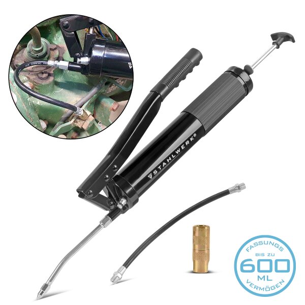 STAHLWERK enhåndsfedtsprøjte 600 ml 550 bar | Håndgrebspistol af robust stål | Fedtsprøjte til løst fedt eller 400 g patron | Håndsprøjte til smøring med fleksibel slange og forlængerrør