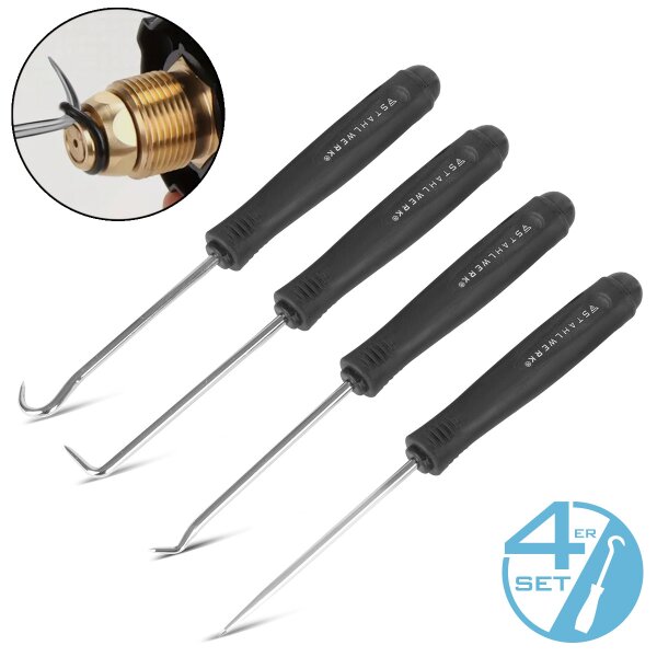 STAHLWERK Koukkutyökalusarja 4-osainen | koukkusarja | neulakoukku | tiivistyskoukku | piikkisarja | tarkkuuskoukku | O-rengastyökalu tiivistysrenkaiden irrottamiseen ja asettamiseen