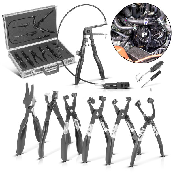 STAHLWERK alicates para abrazaderas de manguera Juego de 9 piezas de alicates para abrazaderas de manguera | alicates para abrazaderas | alicates para abrazaderas | herramienta de instalación