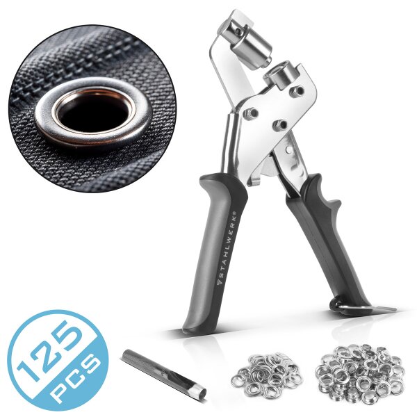 STAHLWERK øjentangssæt 10 mm med hulapparat og 250 øjer magnetisk professionel øjentang | øjentangspresse | øjentang | øjetang lavet af hærdet stål