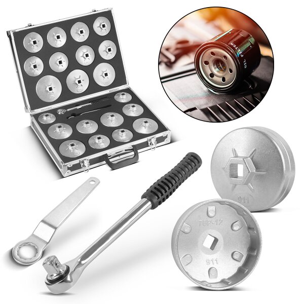 STAHLWERK sada klíčů na olejové filtry 23dílná sada nářadí na výměnu oleje s hliníkovou sadou víček olejových filtrů, oboustranným ráčnovým a kroužkovým klíčem | klíč na víčka olejových filtrů | speciální nářadí pro výměnu oleje ve vozidle