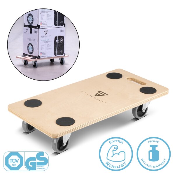 STAHLWERK vogn TRS-250 ST med 250 kg bæreevne og gummibelagte drejehjul 58 x 29 cm Platformvogn | Transportvogn | Møbelvogn | Rullebræt | Håndvogn | TÜV + GS-testet