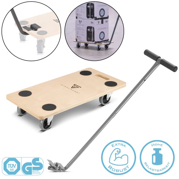 STAHLWERK Chariot TRS-250 ST avec poignée Capacité de charge 250 kg et roues pivotantes caoutchoutées 58 x 29 cm Chariot plate-forme | Chariot de transport | Rouleur de meubles | Planche à roulettes | Chariot manuel | Certifié TÜV + GS