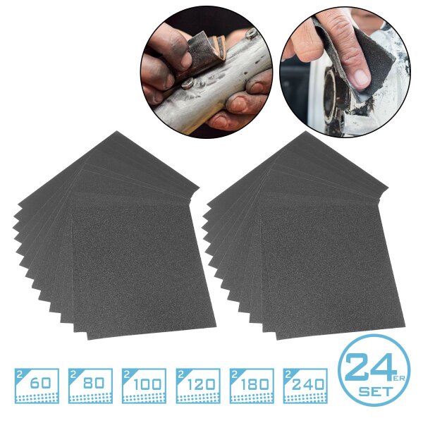 STAHLWERK 2 x sandpapirsæt med 12 stk. 230 x 280 mm siliciumcarbid-sandpapir | slibepuder | slibemidler med korn 60 | 80 | 100 | 120 | 180 | 240 til slibning og polering