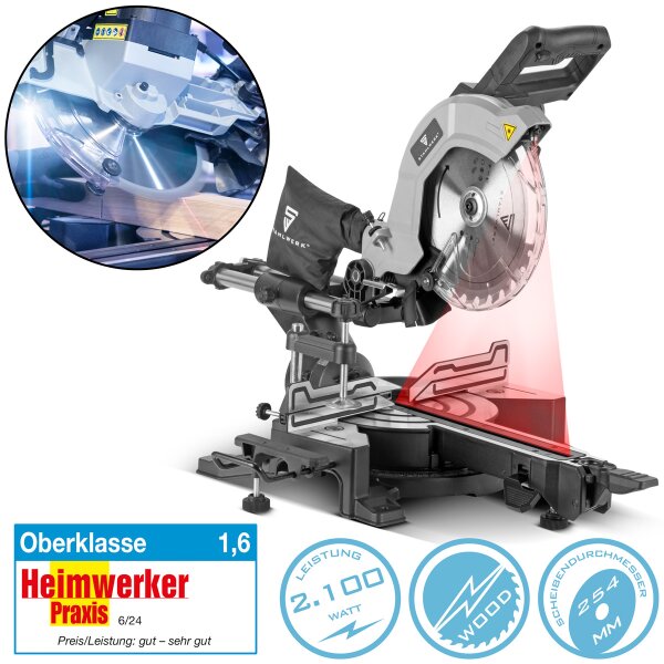 B-Ware: STAHLWERK cross-cut saw CPM-254 ST pull saw | mitre saw | circular saw with 2,100 W power, infinitely variable 45° tilting on both sides with switchable laser including 254 mm precision saw blade