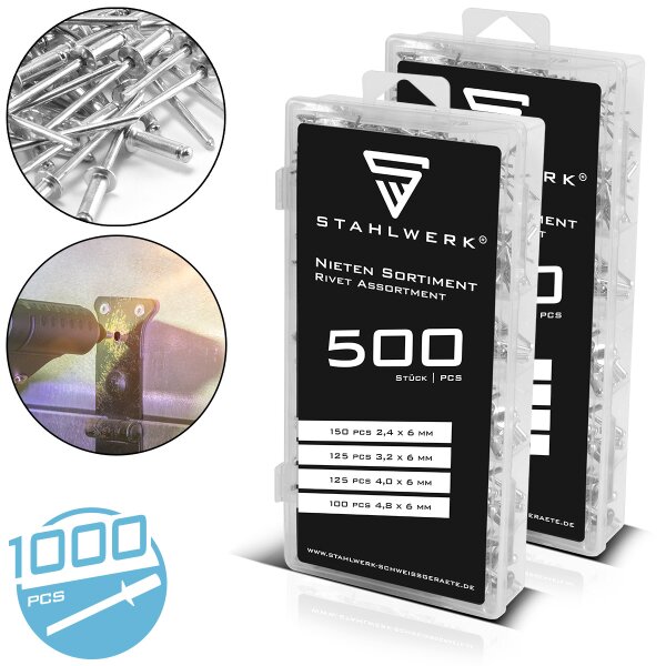 STAHLWERK nittesortiment 1000 dele | blindnitsæt i praktisk plastkasse | aluminiumsnitter i 4 forskellige størrelser | popnitter til brug med nittetang