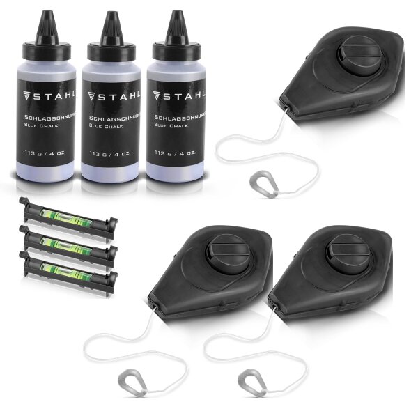 STAHLWERK 3 x 15 m kridtstregsæt bestående af markeringsstreg / murerstreg / kridtstregsapparat med slagfast hus, vaterpas og 113 g kridt til kridtstreger