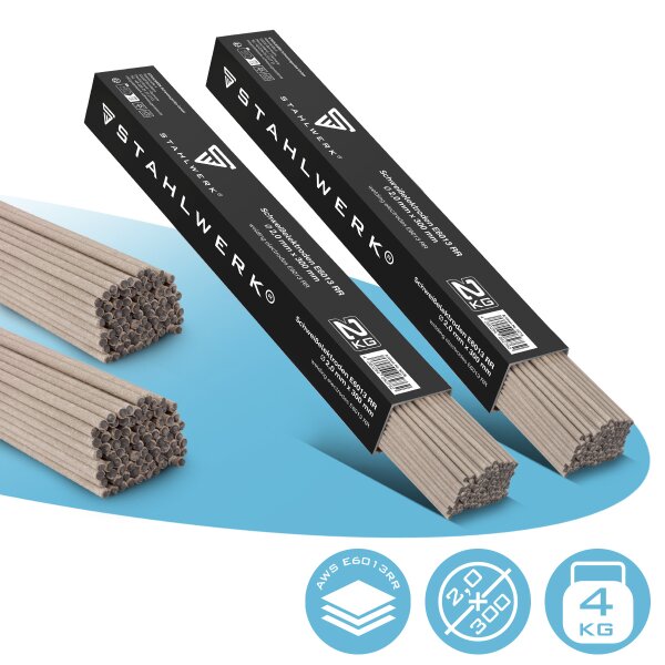 STAHLWERK 2 x Stabelektroden AWS E6013RR dick rutilumhüllt 2 mm x 300 mm, Schweißstrom 50-70 A, hohe chemische Reinheit, 2 kg MMA ARC.